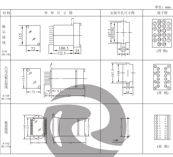 JZY-201中間繼電器外形及安裝開孔尺寸圖