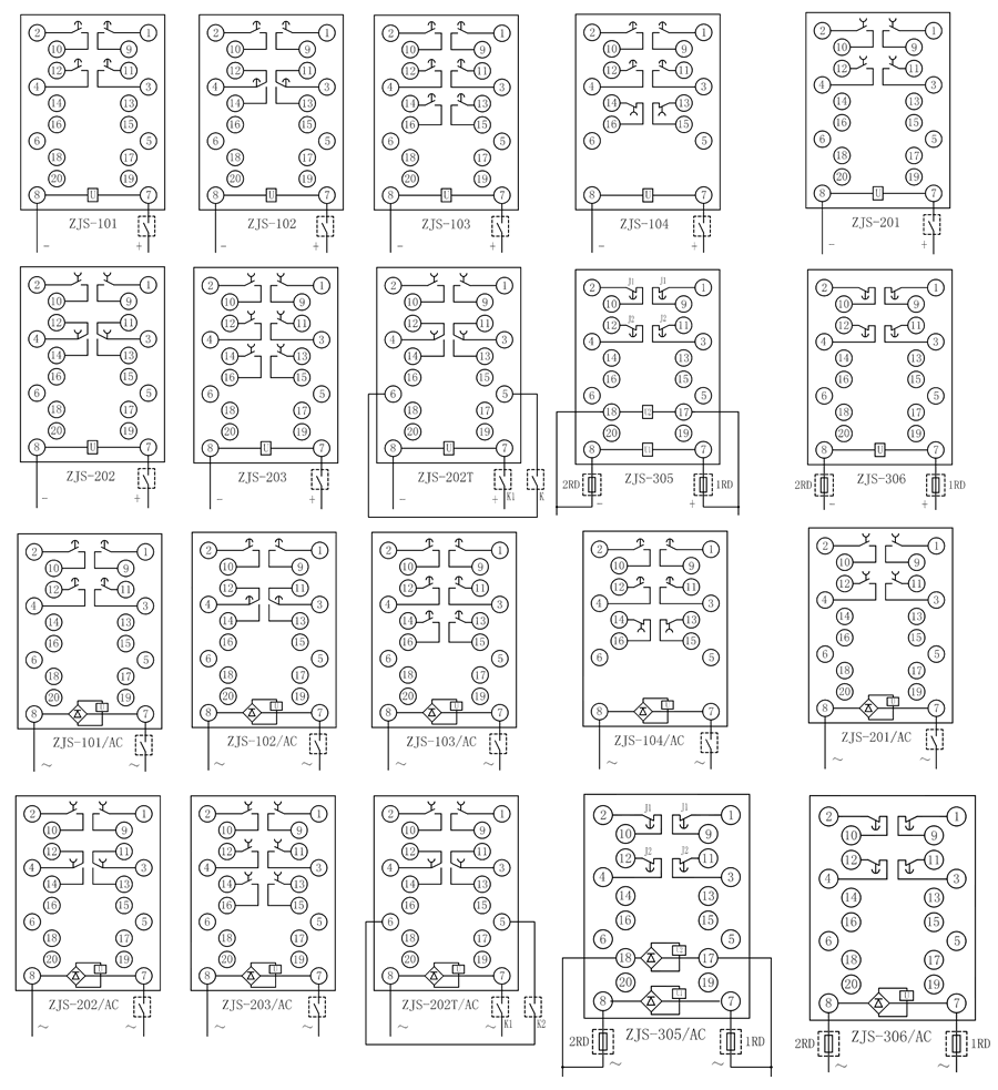 ZJS-345/AC延時(shí)中間繼電器內(nèi)部接線圖