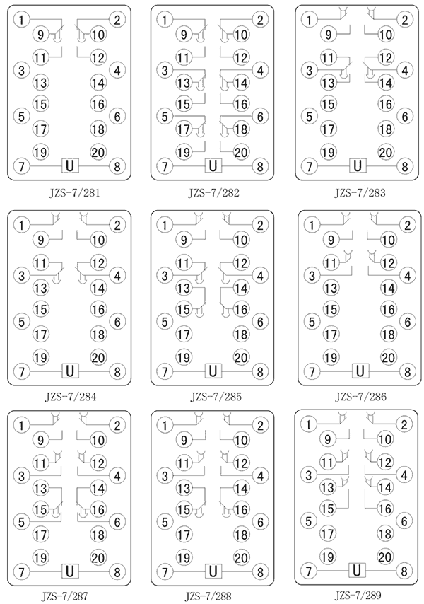 JZS-7/281斷電延時(shí)中間繼電器內(nèi)部接線圖